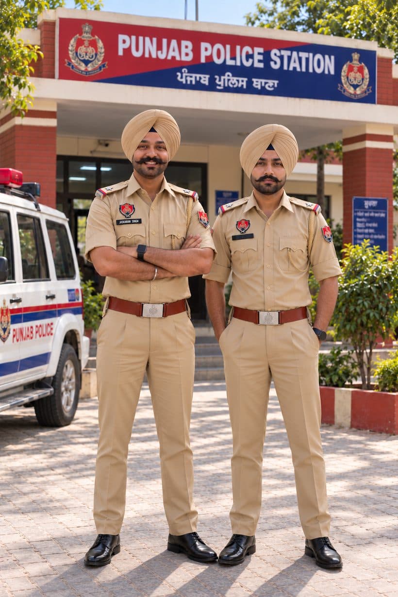 Punjab Police officers outside a police station