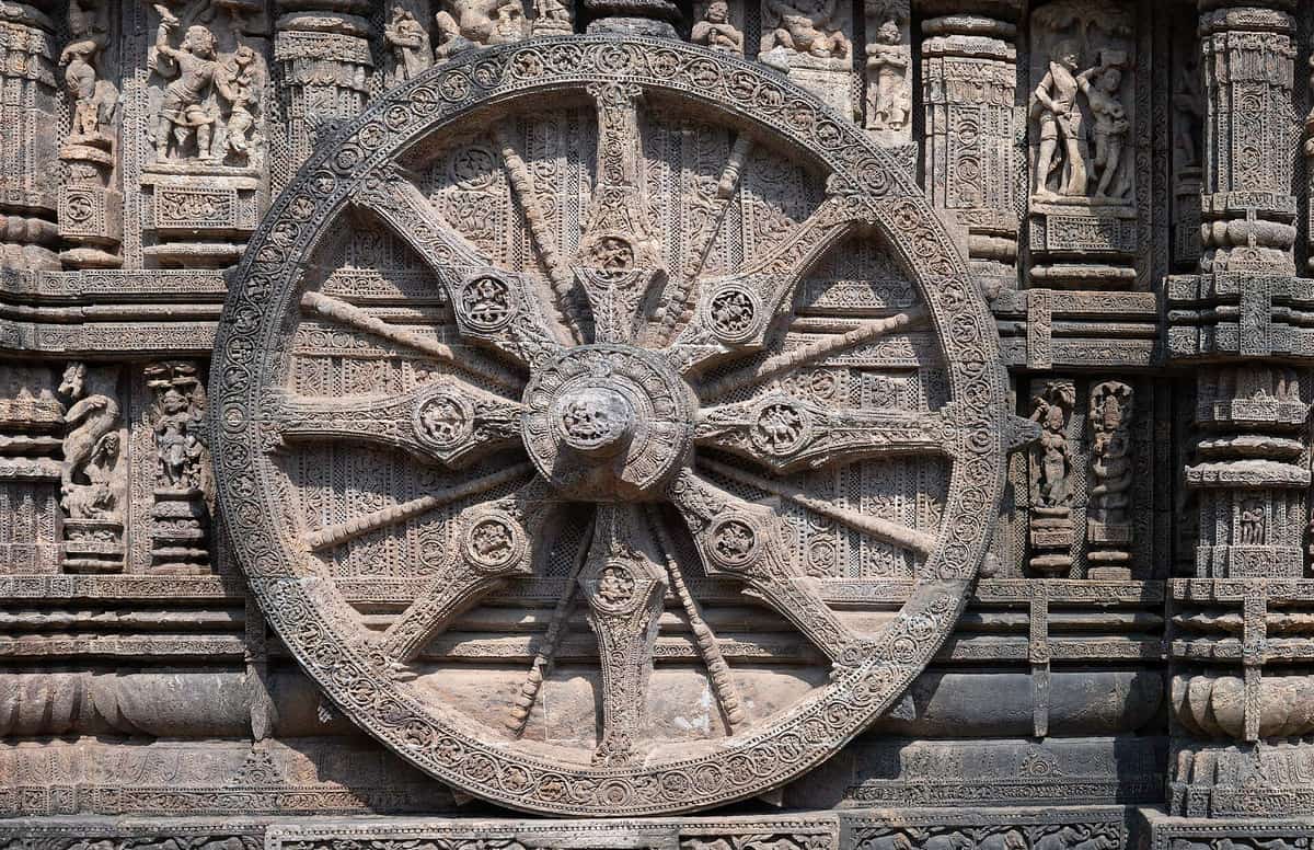 A carved stone wheel of the Konark Sun Temple