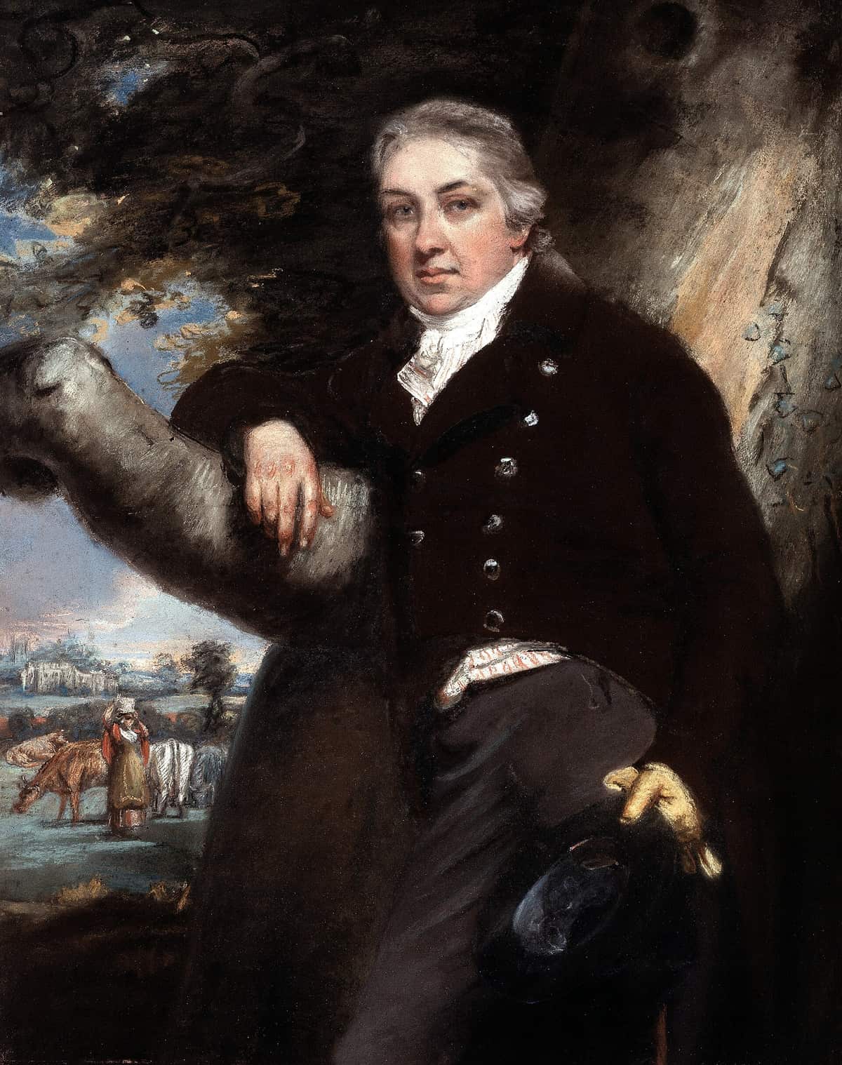 Painted portrait of a grey-haired man in a dark coat leaning on a tree, with cows and a milkmaid in the field behind