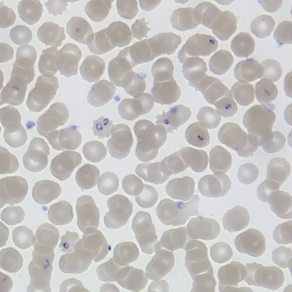 Microscope view of many pale round red blood cells; a few contain tiny purple rings and dots