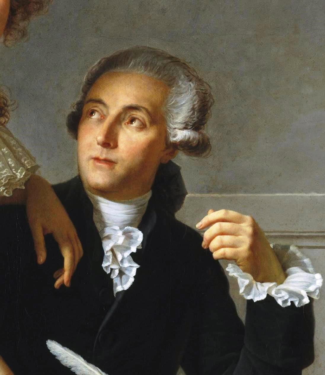 Painted portrait of a man in a powdered grey wig, black coat and white lace collar, holding a quill pen