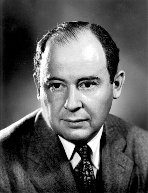 Black and white portrait of John von Neumann in a suit