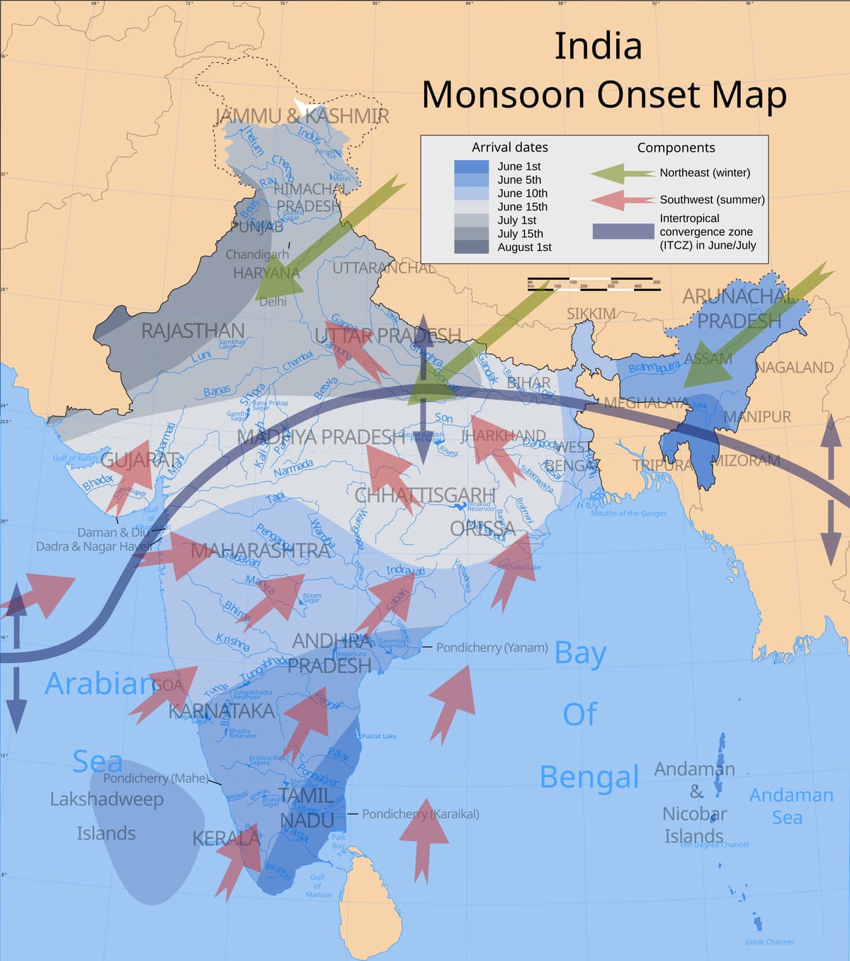 Map of India shaded in blues and greys by the date the monsoon arrives, with red arrows from the south-west, green arrows from the north-east and a dark curved band for the ITCZ