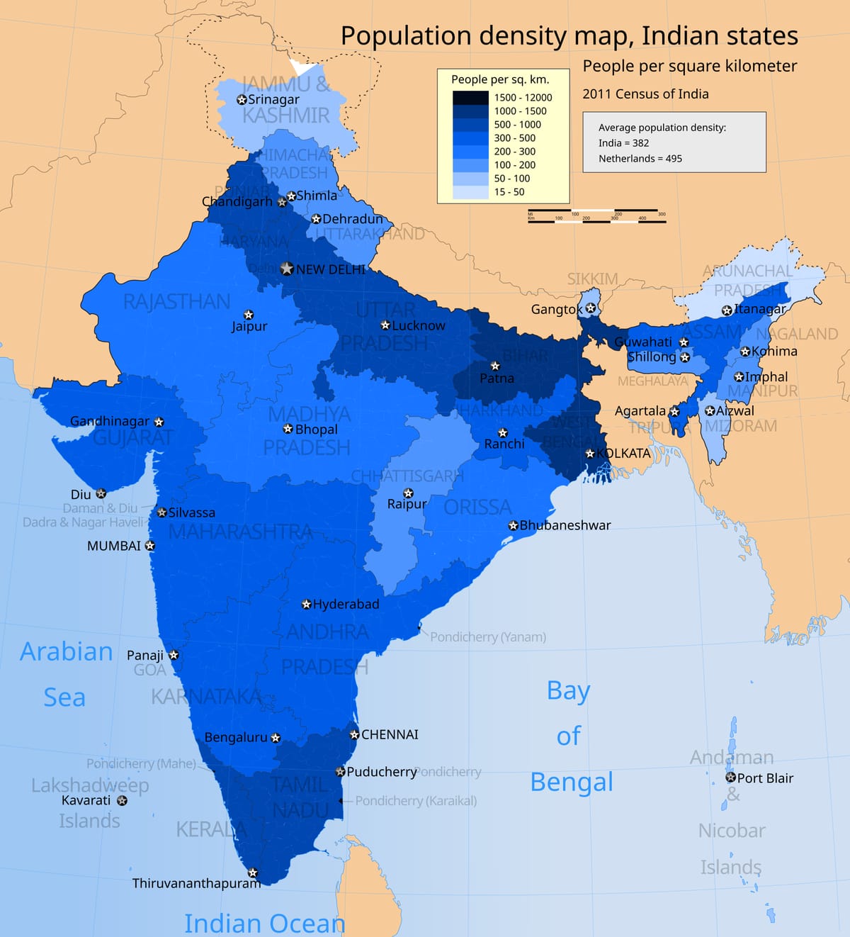 Map of India shaded in blues by state, darkest over Bihar, West Bengal, Uttar Pradesh and Kerala, palest over Arunachal Pradesh and Jammu & Kashmir