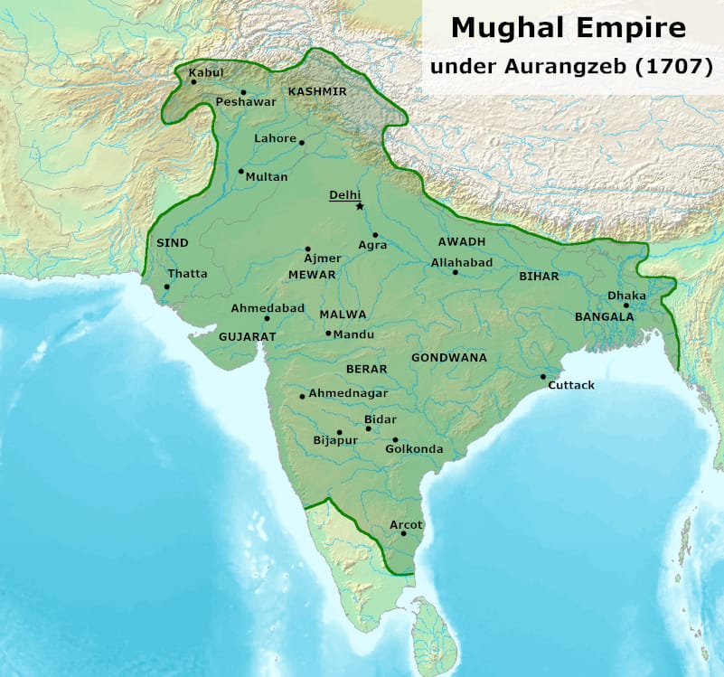 The Mughal Empire at its greatest extent, 1707
