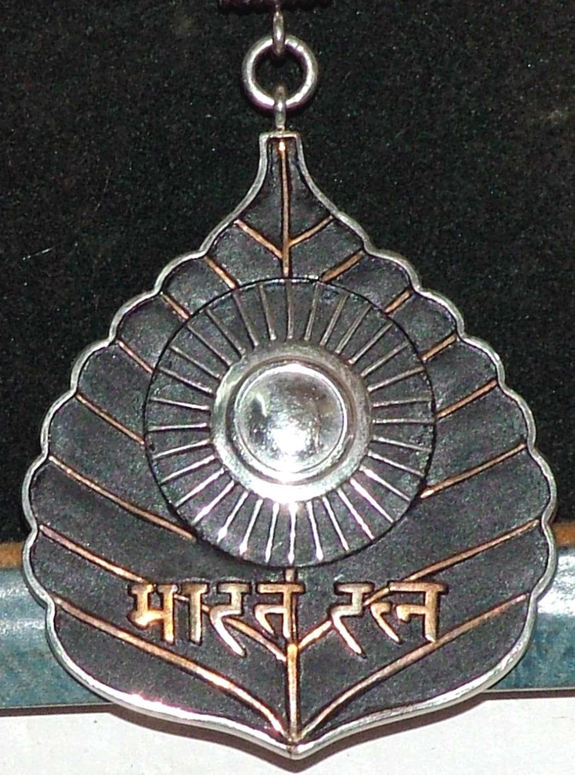 ਰਿਬਨ ਉੱਤੇ ਲੱਗਾ ਭਾਰਤ ਰਤਨ ਤਮਗਾ, ਸੂਰਜ ਦੇ ਨਿਸ਼ਾਨ ਵਾਲਾ ਕਾਂਸੀ ਦਾ ਪੱਤੇ ਵਰਗਾ ਸਨਮਾਨ