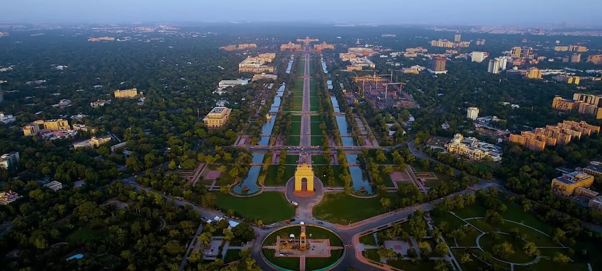 Aerial view of Central Vista in New Delhi with Kartavya Path, government buildings and the Parliament complex