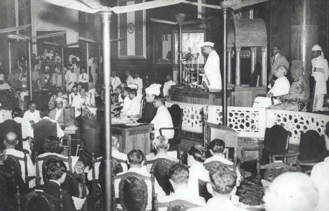 Old black-and-white photo of Rajendra Prasad addressing the Constituent Assembly at its midnight session