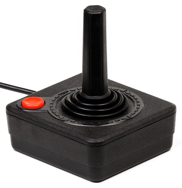 A black joystick with a single red fire button on its square base