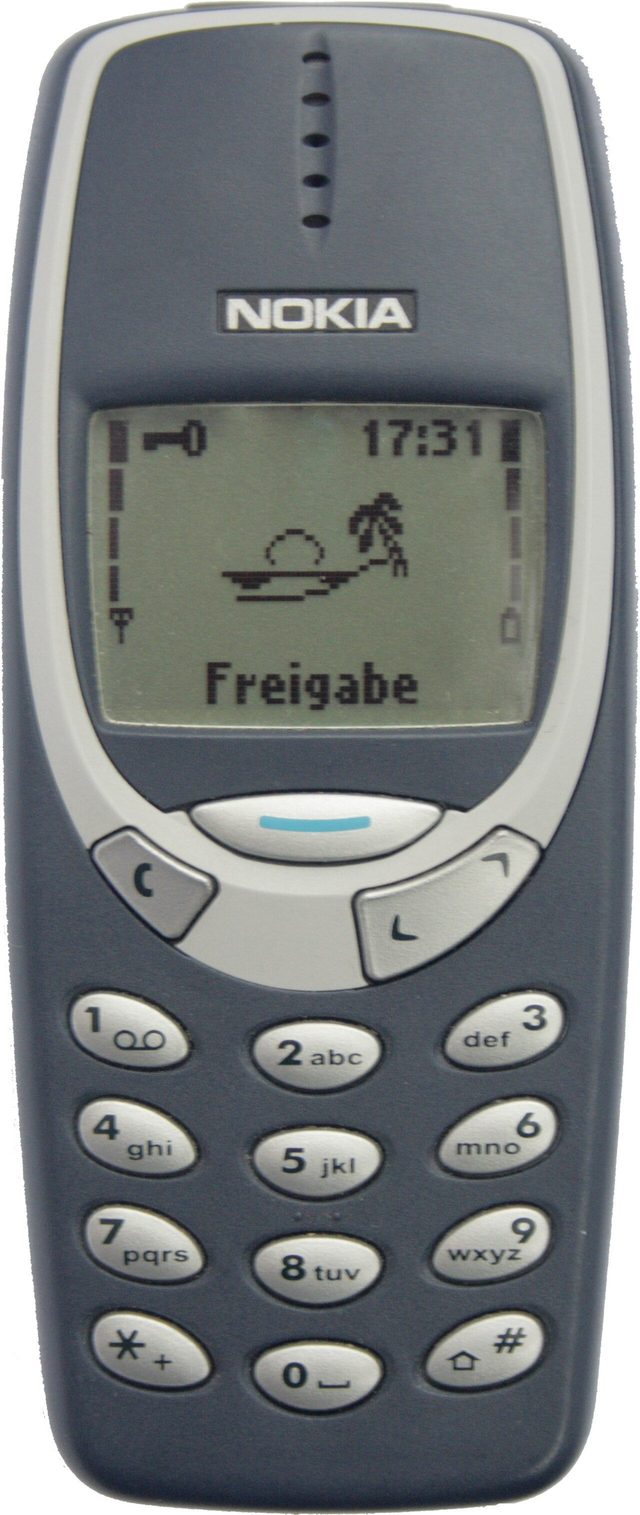 A blue Nokia 3310 mobile phone with a small screen and number keys