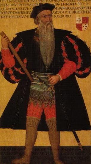 Old full-length portrait of Afonso de Albuquerque with a long beard and staff