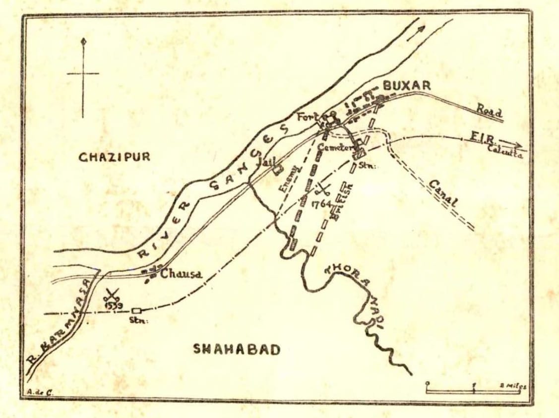ਬਕਸਰ ਵਿਖੇ ਗੰਗਾ ਦਾ ਪੁਰਾਣਾ ਨਕਸ਼ਾ, ਜਿਸ ਵਿੱਚ ਕਿਲ੍ਹਾ, ਸੜਕਾਂ ਅਤੇ 1764 ਦਾ ਜੰਗੀ ਮੈਦਾਨ ਦਿਖਾਇਆ ਹੈ
