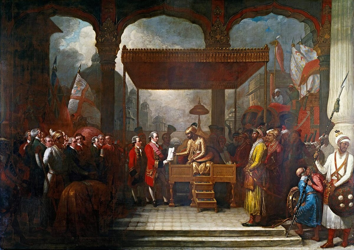 ਸ਼ਾਮਿਆਨੇ ਹੇਠ ਤਖ਼ਤ ਉੱਤੇ ਬੈਠਾ ਮੁਗ਼ਲ ਬਾਦਸ਼ਾਹ ਰਾਬਰਟ ਕਲਾਈਵ ਨੂੰ ਇੱਕ ਪਰਵਾਨਾ ਦਿੰਦਾ ਹੋਇਆ, ਤੇਲ ਚਿੱਤਰ