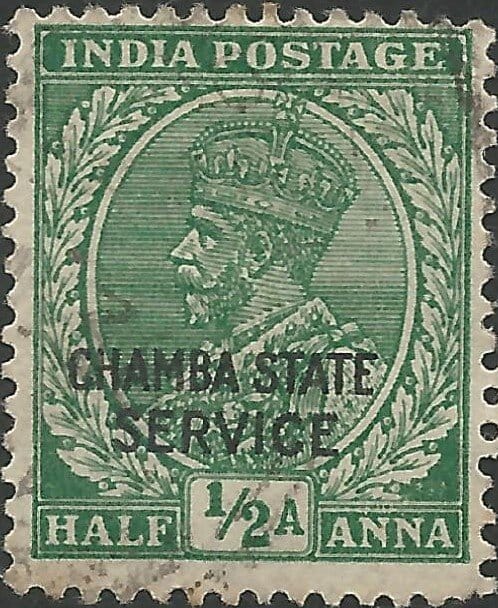 ਤਾਜ ਪਹਿਨੇ ਰਾਜਾ ਜਾਰਜ ਪੰਜਵੇਂ ਵਾਲੀ 1935 ਦੀ ਡਾਕ ਟਿਕਟ, ਚੰਬਾ ਰਿਆਸਤ ਲਈ ਓਵਰਪ੍ਰਿੰਟ ਕੀਤੀ