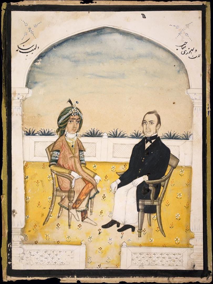 Indian painting of the boy Duleep Singh seated beside Lord Dalhousie, with a Persian inscription