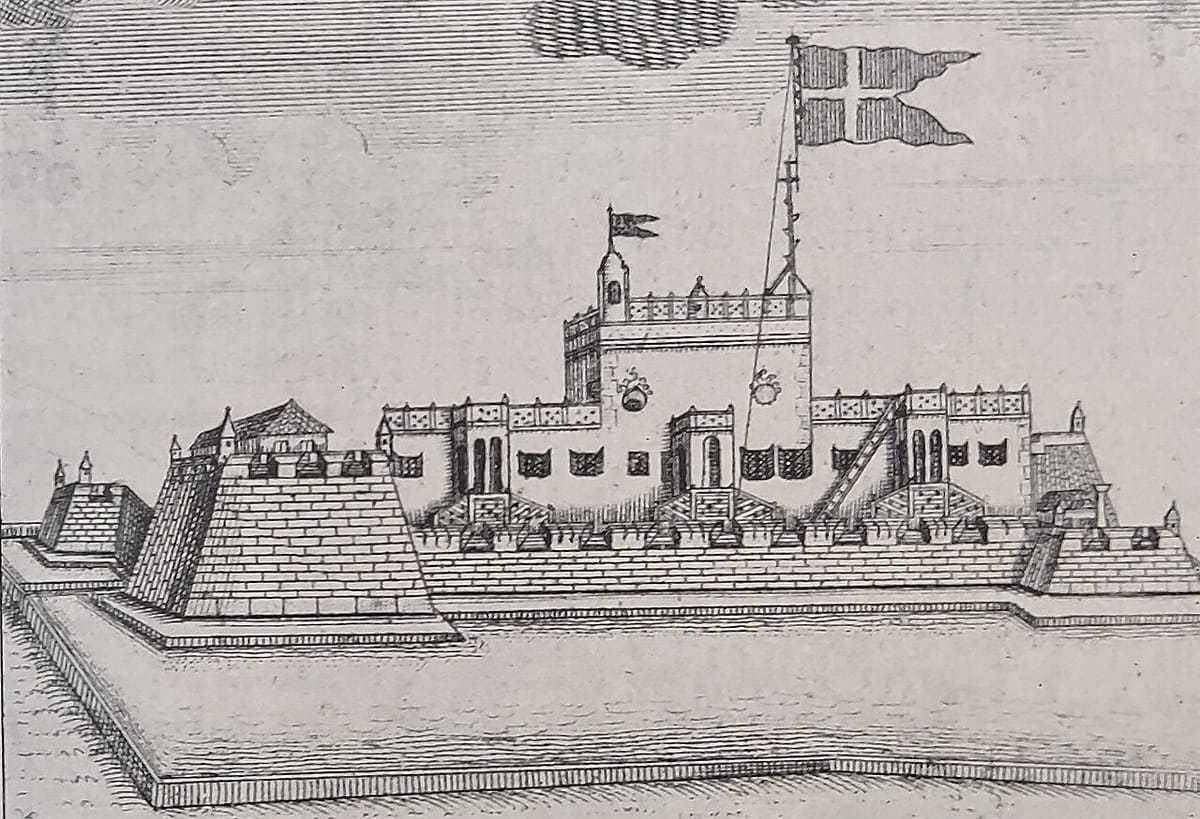 Old drawing of the Danish fort Dansborg at Tranquebar with ships offshore