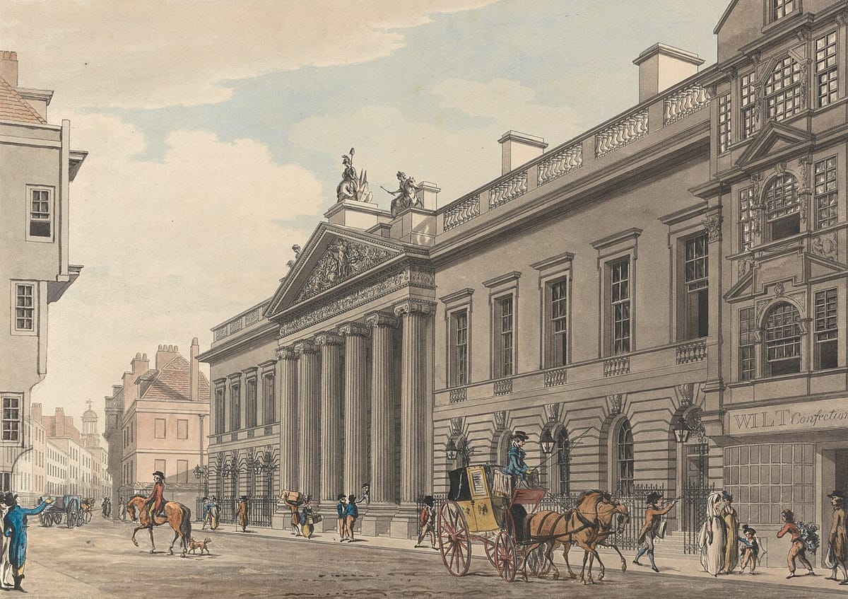 ਲੰਡਨ ਦੀ ਇੱਕ ਗਲੀ ਉੱਤੇ ਥੰਮ੍ਹਾਂ ਵਾਲੀ ਵੱਡੀ ਇਮਾਰਤ ਦਾ ਜਲ-ਰੰਗ ਚਿੱਤਰ