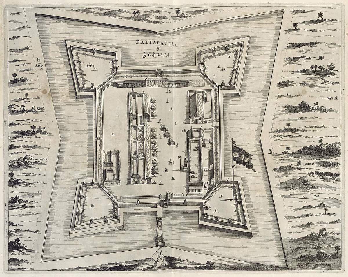 Old bird's-eye engraving of a square Dutch fort with bastions beside the sea