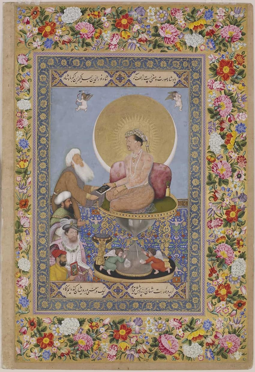 ਰੇਤ-ਘੜੀ ਵਰਗੇ ਤਖ਼ਤ ਉੱਤੇ ਬੈਠੇ ਪ੍ਰਭਾ-ਮੰਡਲ ਵਾਲੇ ਬਾਦਸ਼ਾਹ ਜਹਾਂਗੀਰ ਦੀ ਮੁਗ਼ਲ ਲਘੂ-ਚਿੱਤਰਕਾਰੀ