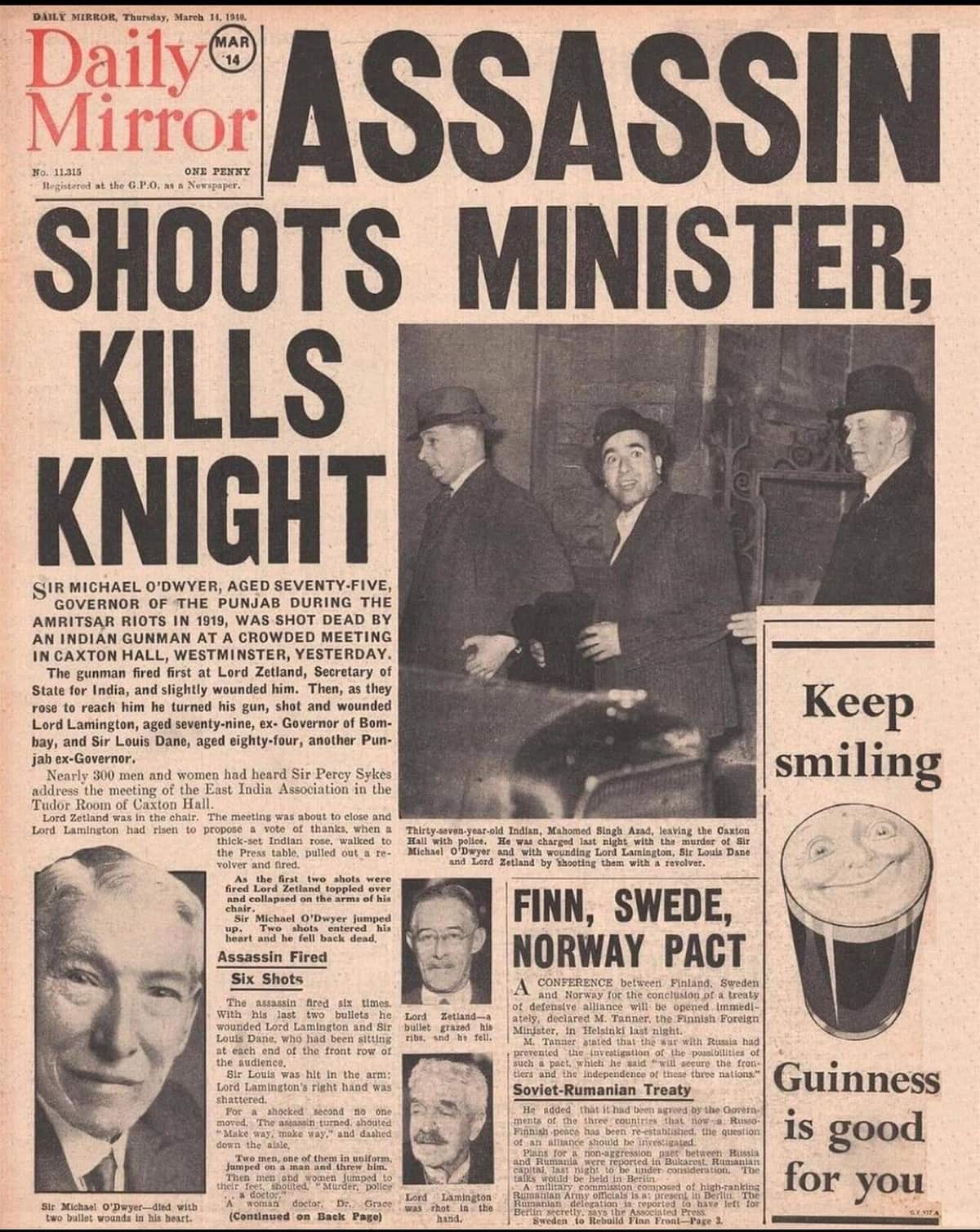 14 ਮਾਰਚ 1940 ਦੇ ਡੇਲੀ ਮਿਰਰ ਦਾ ਵੱਡੀ ਸੁਰਖ਼ੀ ਵਾਲਾ ਪਹਿਲਾ ਪੰਨਾ