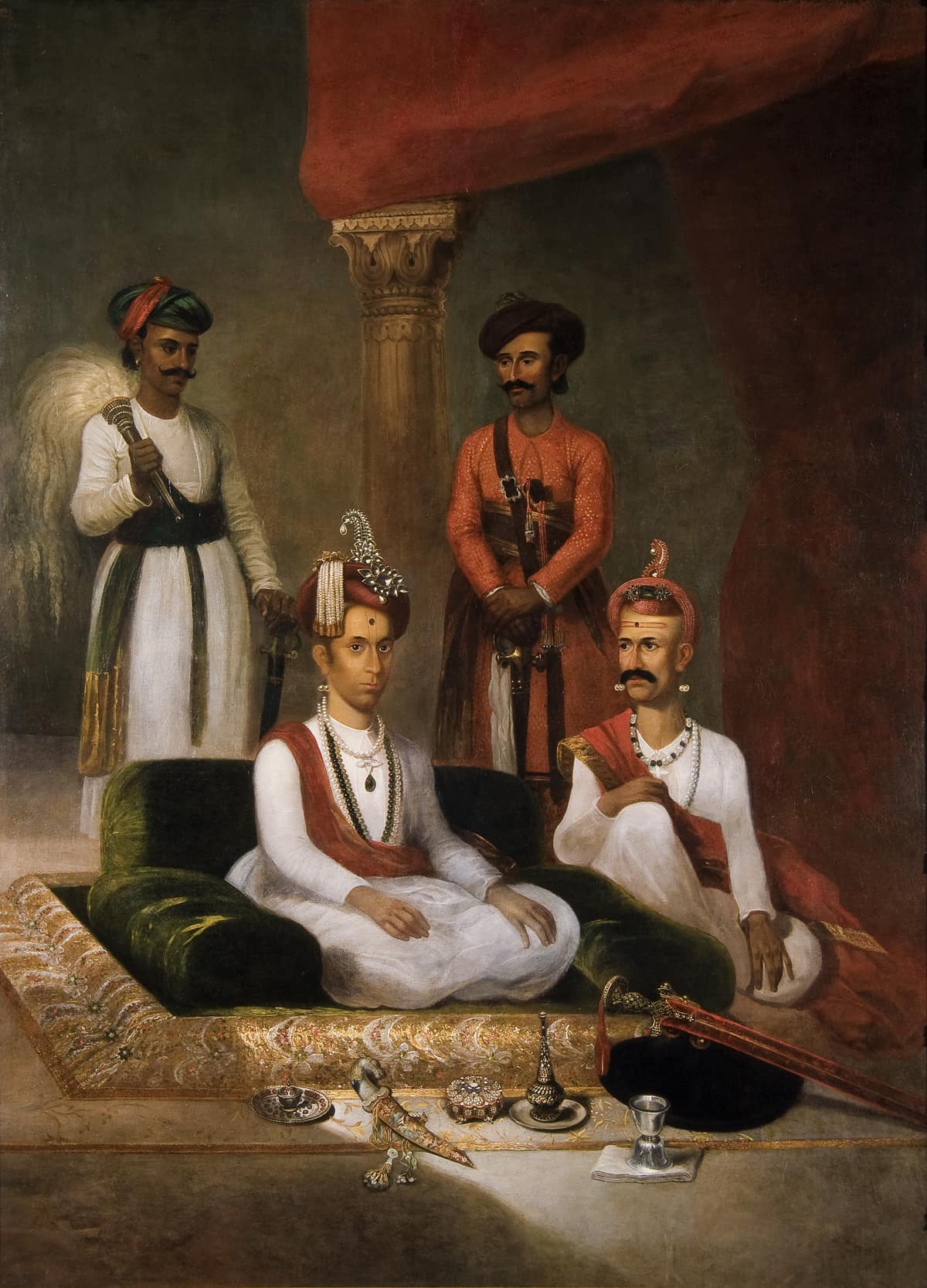 ਗਲੀਚੇ ਉੱਤੇ ਬੈਠੇ ਨੌਜਵਾਨ ਪੇਸ਼ਵਾ ਦੀ ਪੇਂਟਿੰਗ, ਨਾਲ ਨਾਨਾ ਫੜਨਵੀਸ ਅਤੇ ਦਰਬਾਰੀ