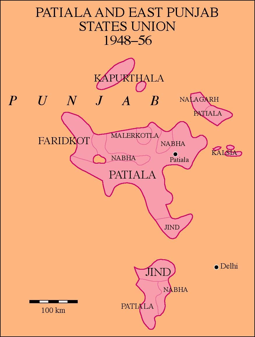 ਸੰਤਰੀ ਰੰਗ ਵਿੱਚ ਪੈਪਸੂ ਦੇ ਖਿੰਡੇ ਹੋਏ ਇਲਾਕੇ ਦਿਖਾਉਂਦਾ ਨਕਸ਼ਾ