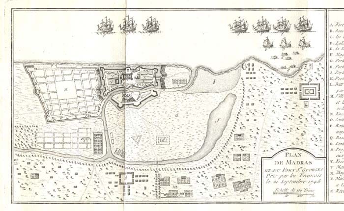 Old French map plan of Madras town with Fort St George at its centre