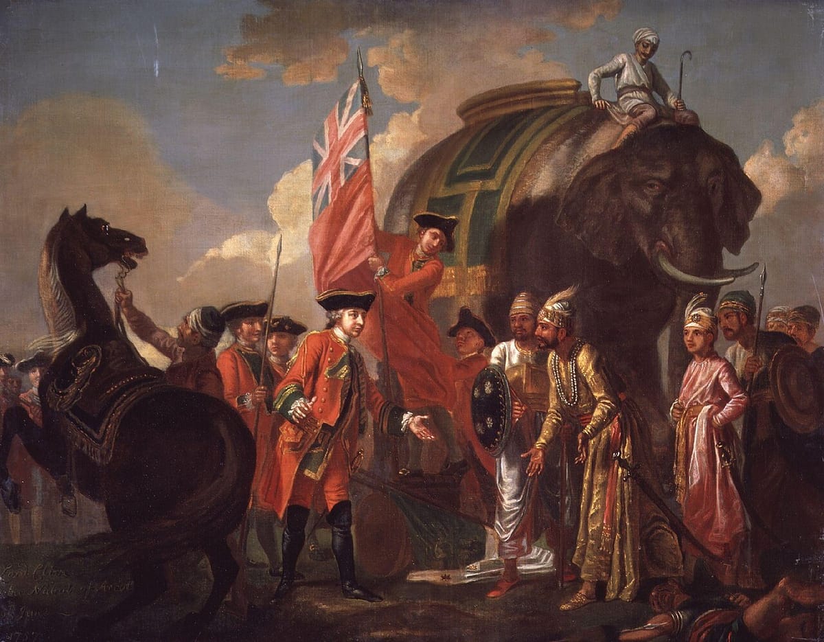 ਲਾਲ ਕੋਟ ਵਾਲਾ ਰਾਬਰਟ ਕਲਾਈਵ ਮੀਰ ਜਾਫ਼ਰ ਨੂੰ ਮਿਲਦਾ ਹੋਇਆ, ਨਾਲ ਸਿਪਾਹੀ ਅਤੇ ਡਿੱਗਿਆ ਝੰਡਾ