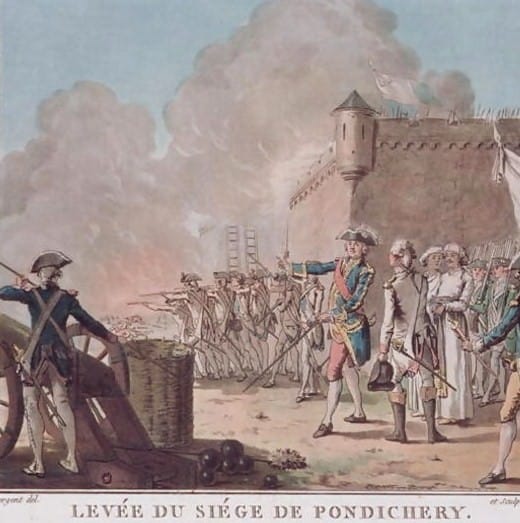 Old French print of the English siege of Pondicherry being lifted, with soldiers and ships