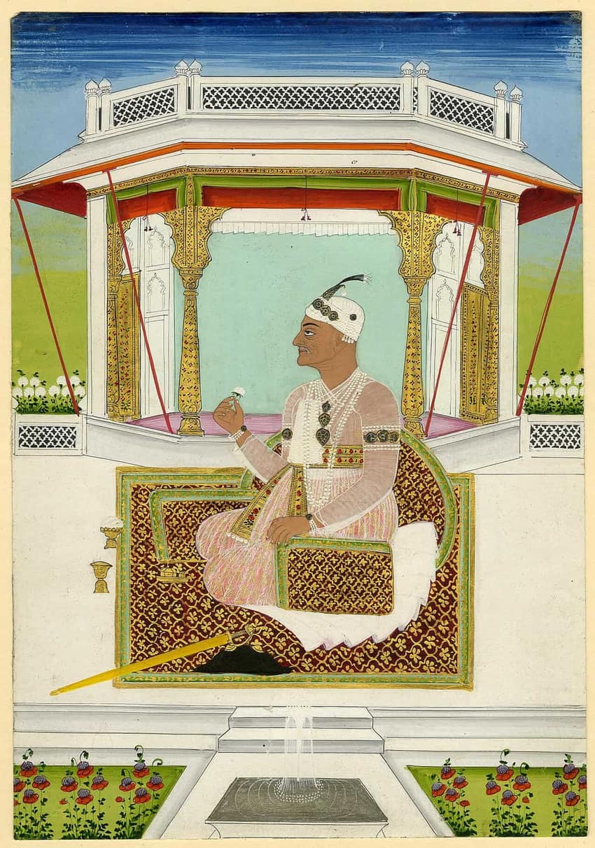 ਖੁੱਲ੍ਹੇ ਮੰਡਪ ਵਿੱਚ ਗਲੀਚੇ ਉੱਤੇ ਬੈਠੇ ਨਿਜ਼ਾਮ ਦੀ ਪੇਂਟਿੰਗ, ਪਿੱਛੇ ਢੋਅ ਲਈ ਸਿਰਹਾਣਾ
