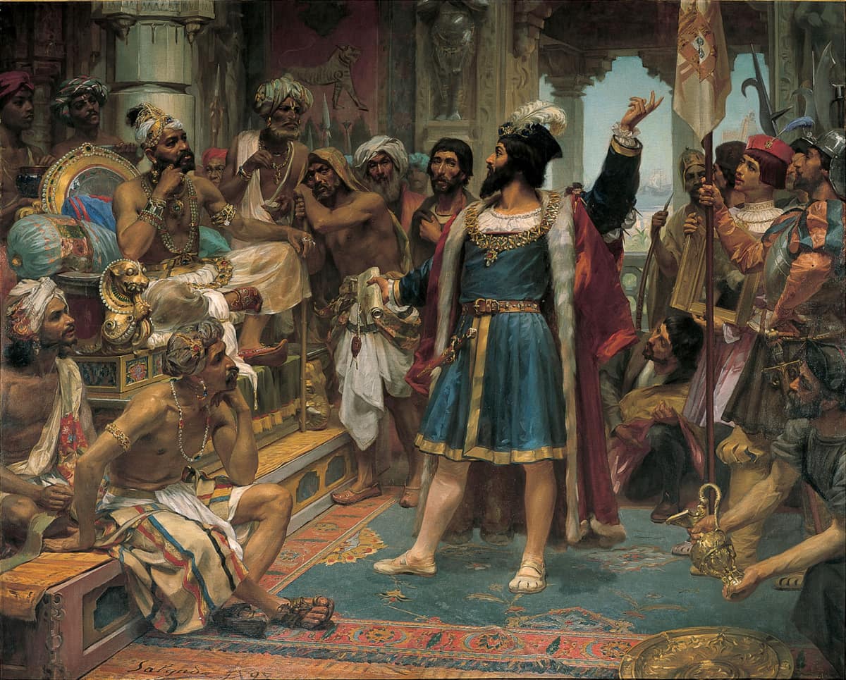 Painting of Vasco da Gama standing before the seated Zamorin of Calicut in his court