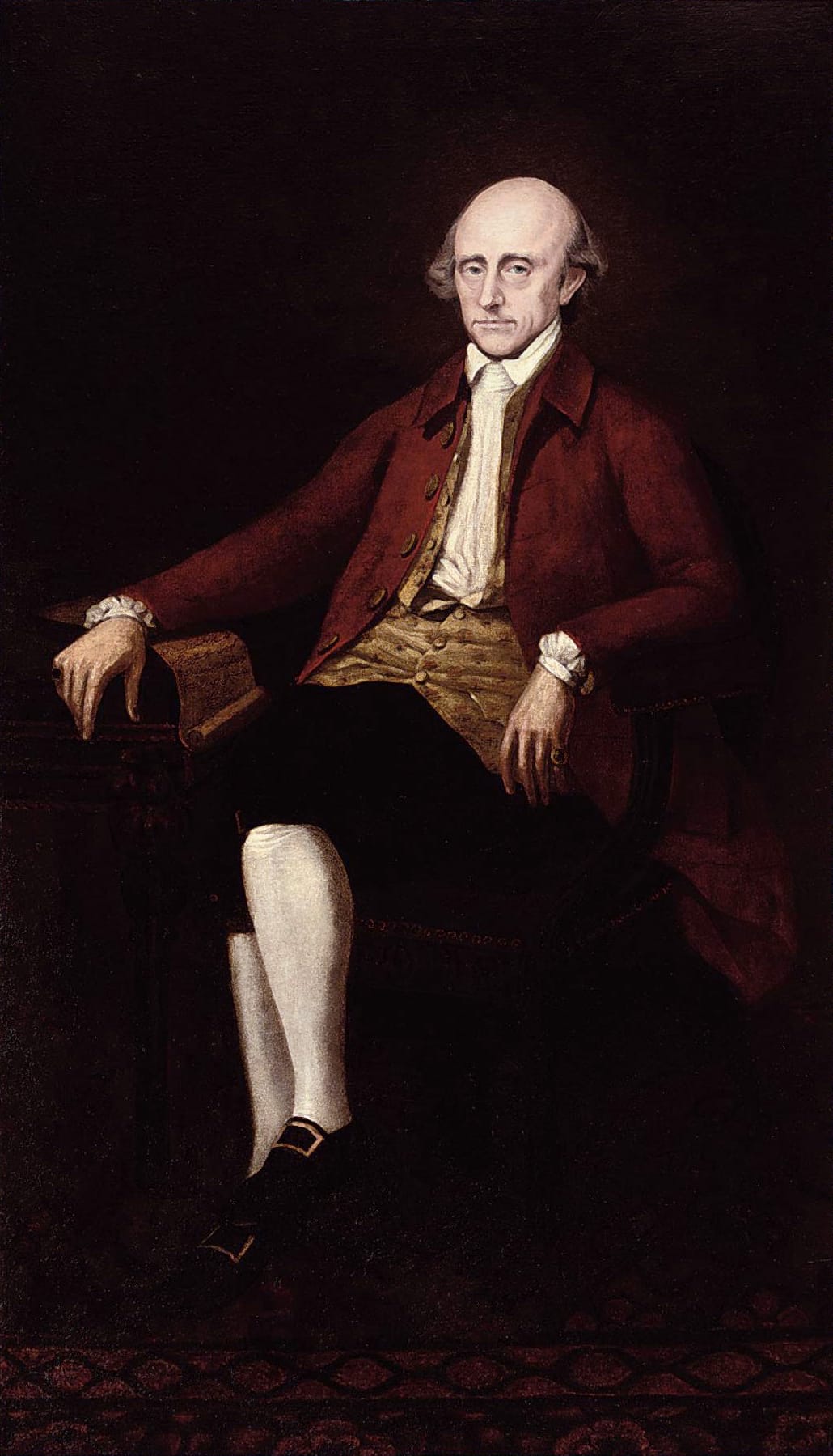 Painted full-length portrait of Warren Hastings seated at a table in a red coat