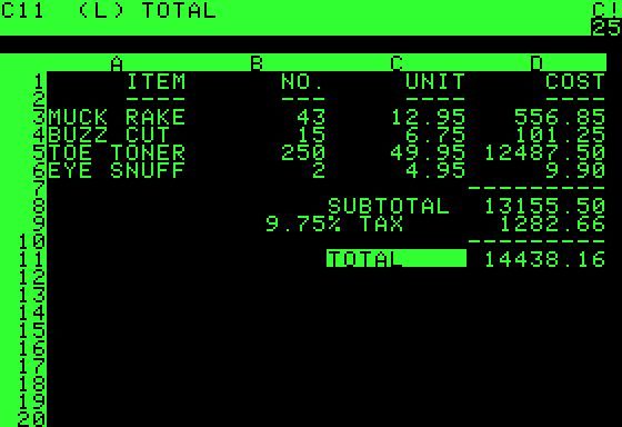 An old green-and-black computer screen showing VisiCalc, a grid of rows and columns with numbers