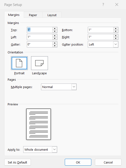 Microsoft Word Page Setup dialog box, Margins tab, with Top, Bottom, Left and Right margins, Gutter, Gutter position and Portrait or Landscape orientation