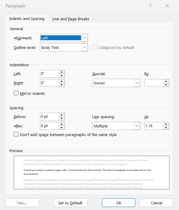 Microsoft Word Paragraph dialog box, Indents and Spacing tab, with Alignment, Indentation, Spacing Before and After, Line spacing and Preview