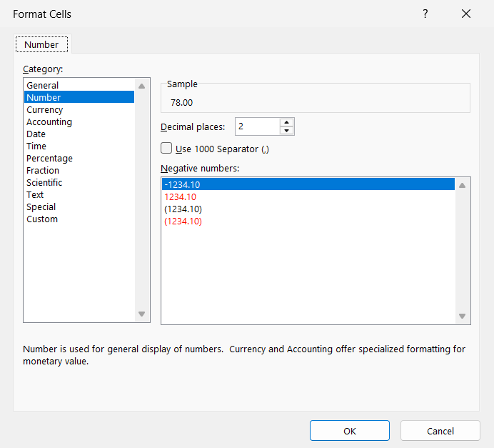 Microsoft Excel Format Cells dialog box on the Number tab, showing the Category list, Decimal places set to 2 and four styles for negative numbers