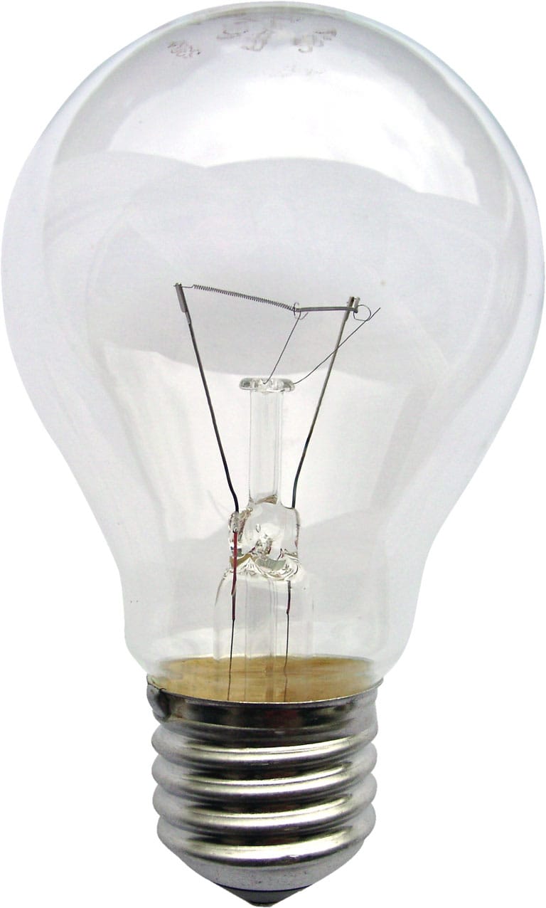 A clear glass bulb with a thin coiled wire held between two support wires, on a metal screw base