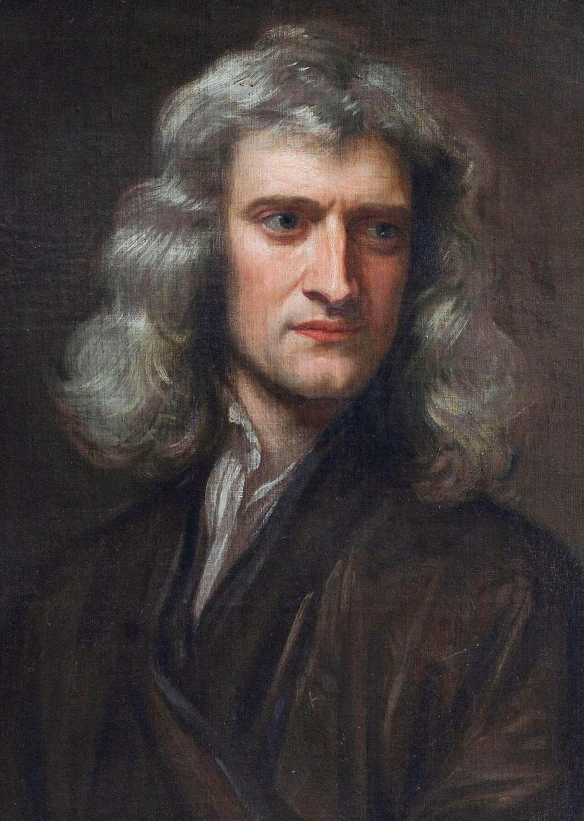 Oil painting of Isaac Newton as a man of about 46, with long grey hair and a dark coat