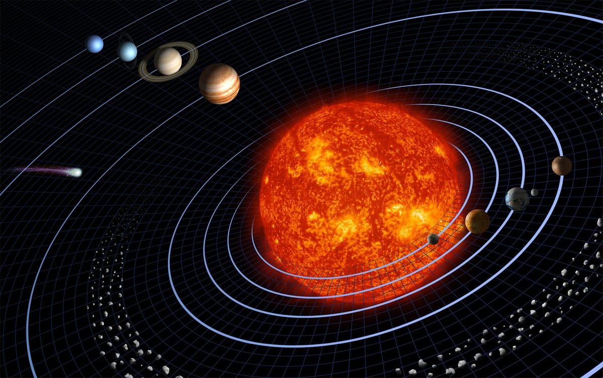 Artist's drawing of the Sun at the centre with planets on circular orbits, a comet and belts of small rocks