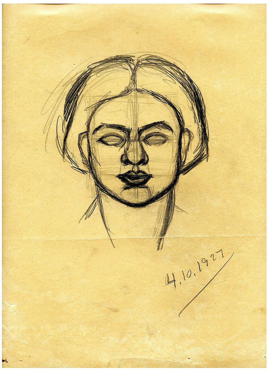Pencil self-portrait sketch by the young Amrita Sher-Gil, dated 4.10.1927