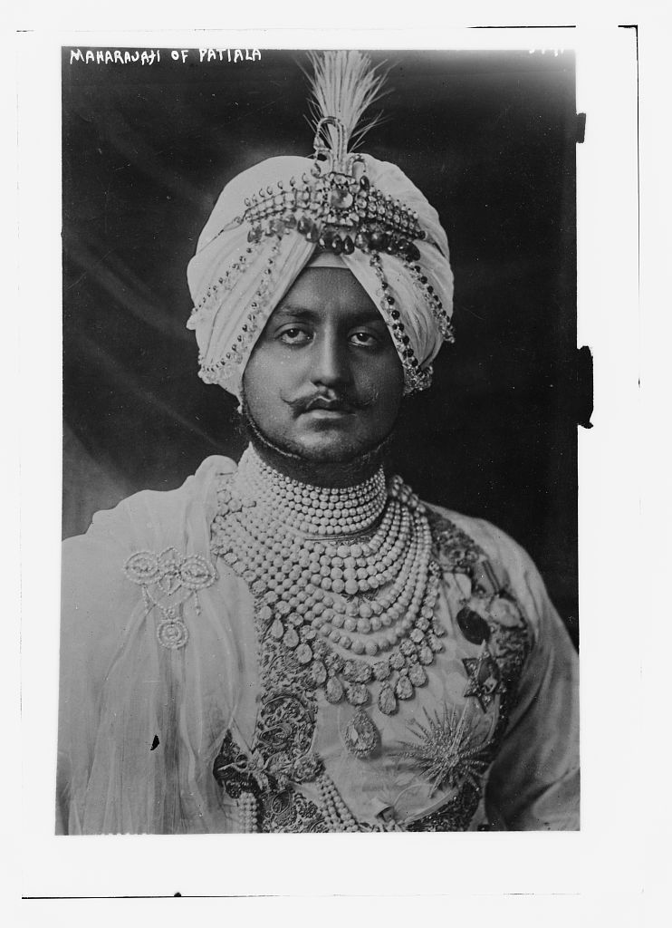 Black-and-white photograph of Maharaja Bhupinder Singh of Patiala in a jewelled turban, about 1916