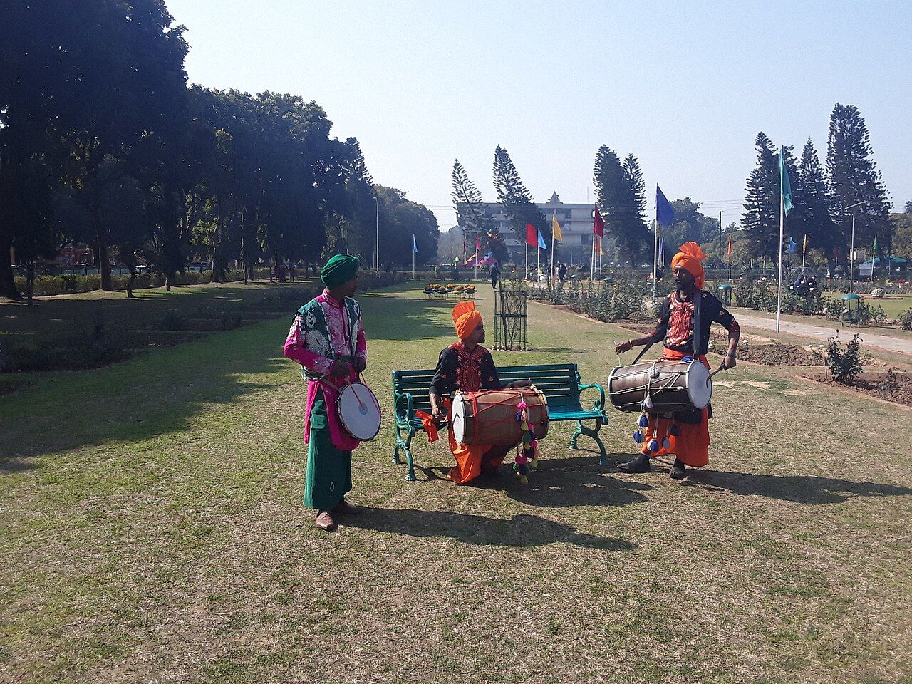 ਘਾਹ ਵਾਲੇ ਮੈਦਾਨ ਵਿੱਚ ਰੰਗਦਾਰ ਪੱਗਾਂ ਵਾਲੇ ਤਿੰਨ ਢੋਲੀ, ਦੋਹਾਂ ਪਾਸਿਆਂ ਵਾਲੇ ਵੱਡੇ ਢੋਲਾਂ ਨਾਲ