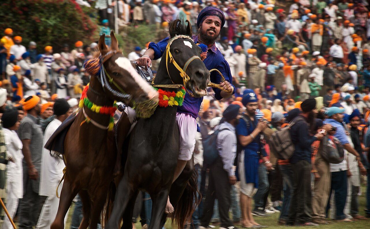 A Nihang rider in a blue robe on a decorated black horse charges past a big crowd at Hola Mohalla