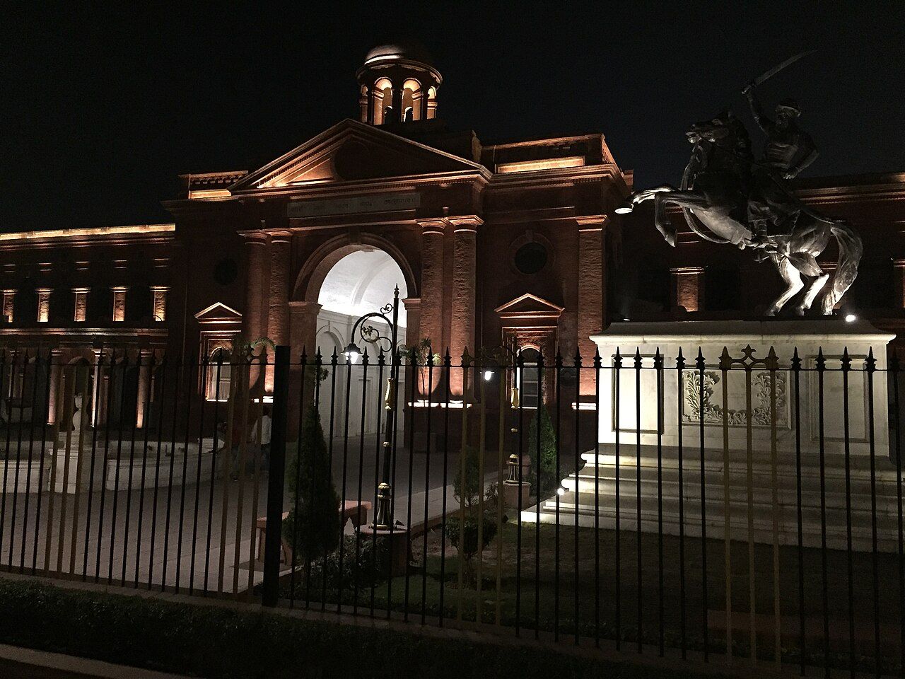 Amritsar's red-brick Town Hall, home of the Partition Museum, lit up at night