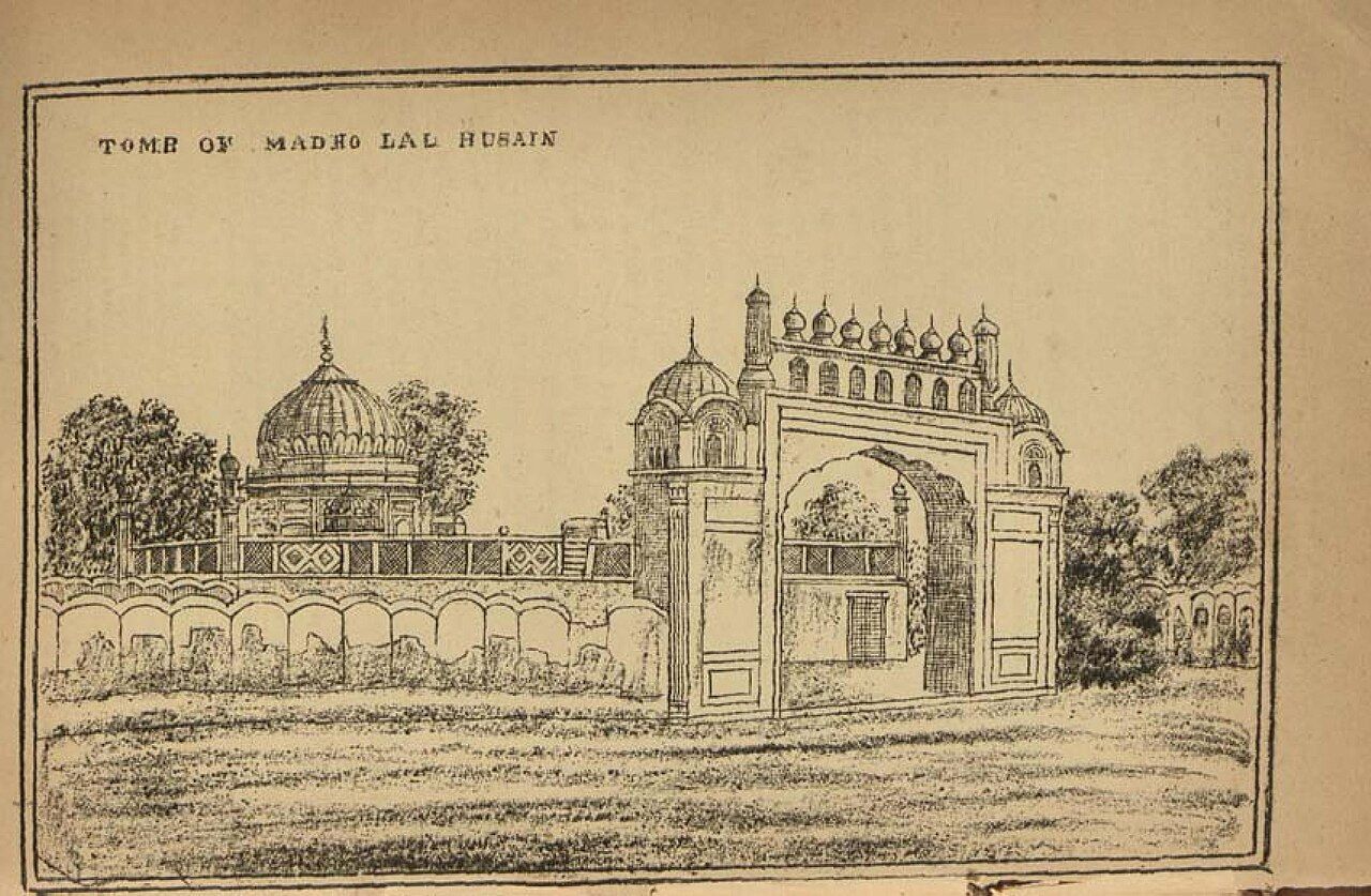 ਲਾਹੌਰ ਵਿਖੇ ਸ਼ਾਹ ਹੁਸੈਨ ਦੇ ਗੁੰਬਦ ਵਾਲੇ ਮਕਬਰੇ ਦਾ ਪੁਰਾਣਾ ਲਿਥੋ ਚਿੱਤਰ