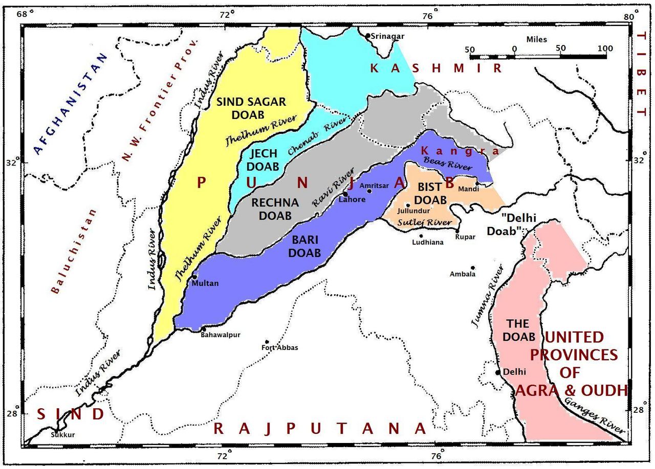 Map of the Punjab region showing the five rivers and the doabs between them