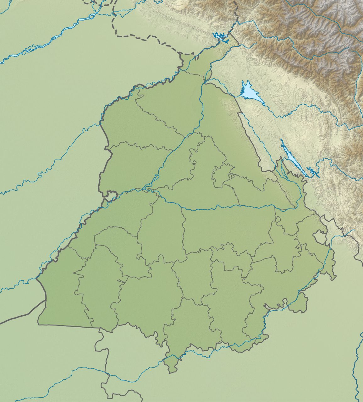 Relief map of Punjab, India, with district boundaries, rivers and the hills to the north-east