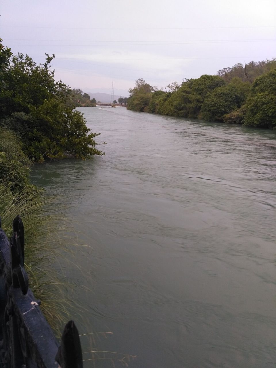 A green river flowing between tree-lined banks, with low hills in the distance