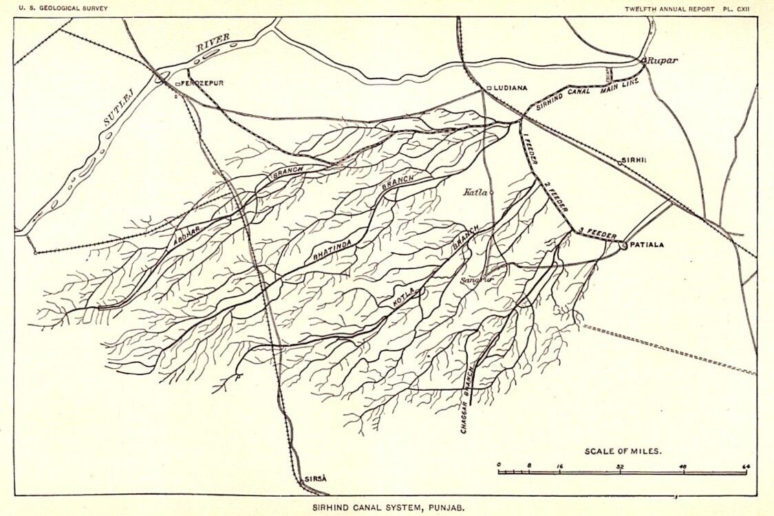 Old black-and-white map of the Sirhind Canal system, showing the main line leaving the Sutlej at Rupar and branches spreading south-west towards Abohar, Bathinda and the Ghaggar