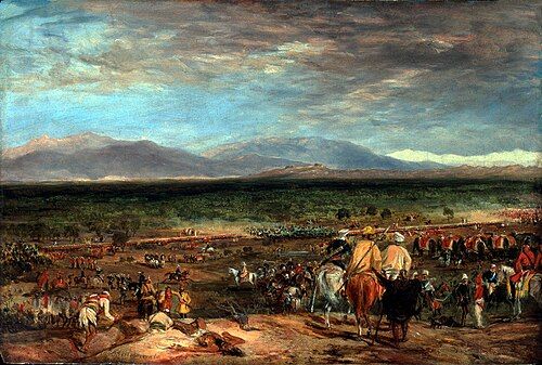 Oil painting of the battlefield of Chillianwala with troops on a wide plain below hills